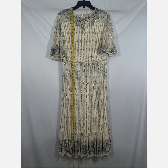 NWT $578 Mac Duggal [ 10 ] Embellished Beaded Flounce Sleeve Midi Dress‎ Cream - Picture 6 of 15